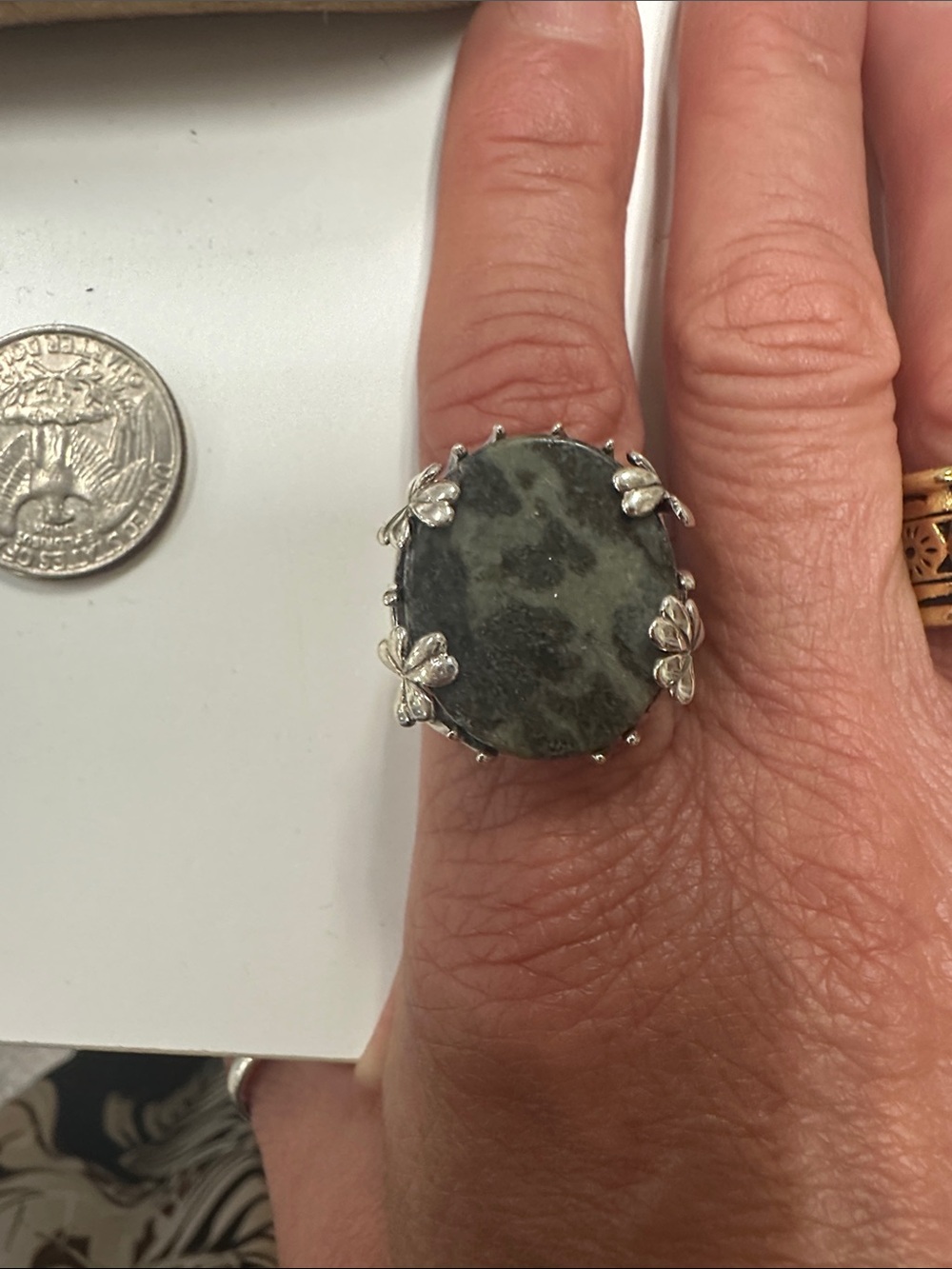 Sterling Silver Green Jasper Oval Statement Ring Size 9